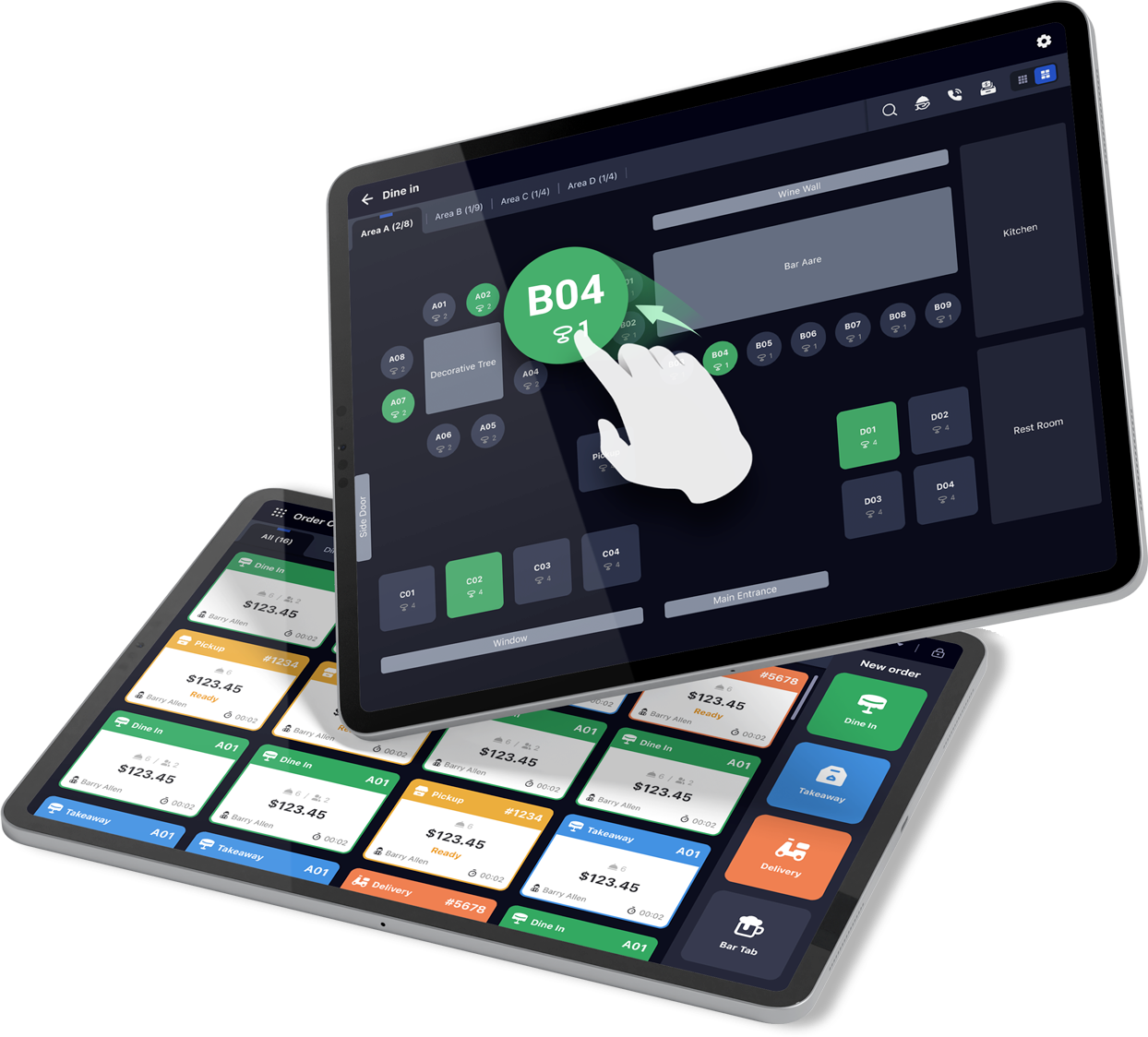Touchscreen restaurant POS interface showing table layout and order management on two tablets.
