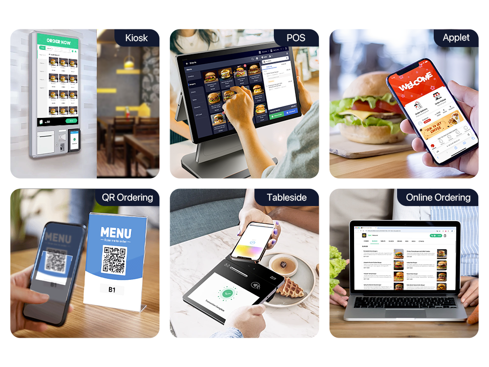 Graphic showcasing kiosk, POS, mobile ordering, QR ordering, tableside payments, and online ordering options.