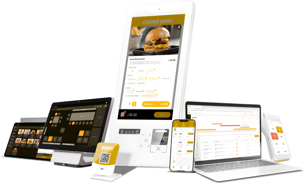 CHIP POS branding colors and visual elements displayed across multiple devices and kiosk screens.