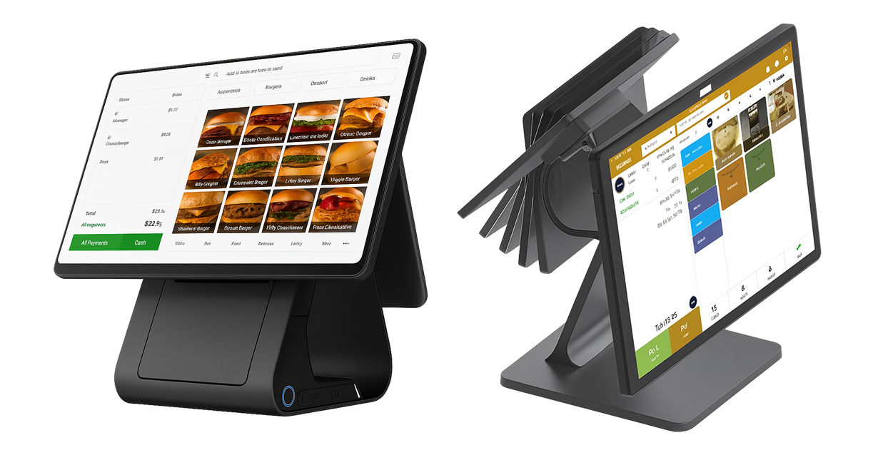 Side-by-side view of two modern restaurant POS terminals displaying menu and order management screens, showcasing touchscreen interfaces on sleek black stands.