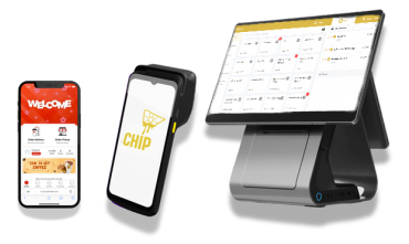 Mobile phone and handheld terminal showing the CHIP POS interface for restaurant ordering.