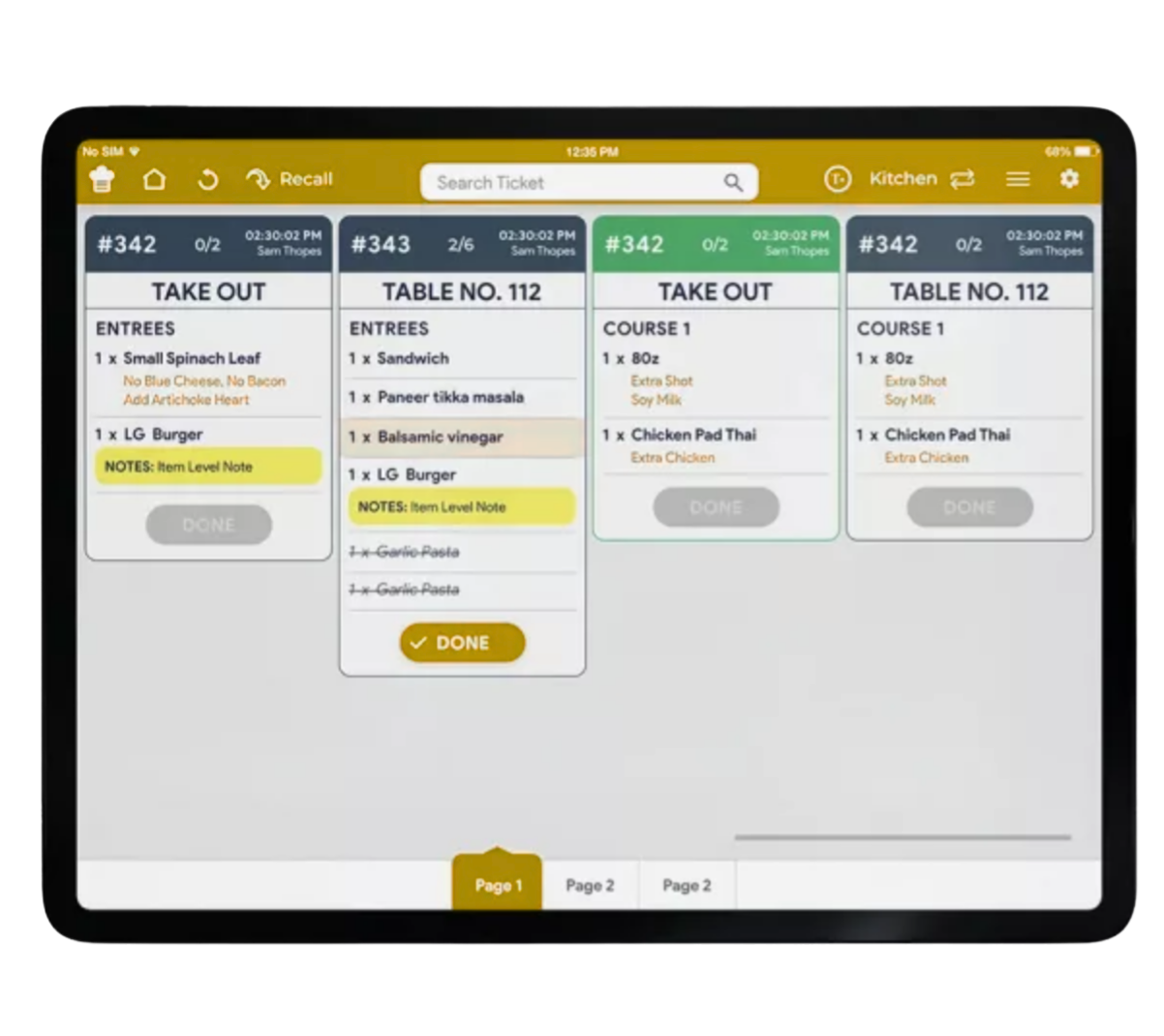 Restaurant kitchen display system screen showing active orders and ticket management on a tablet.