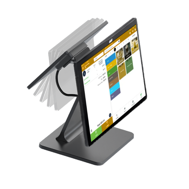 Adjustable tablet POS terminal shown with rotating display functionality.