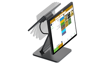 Adjustable tablet POS terminal shown with rotating display functionality.